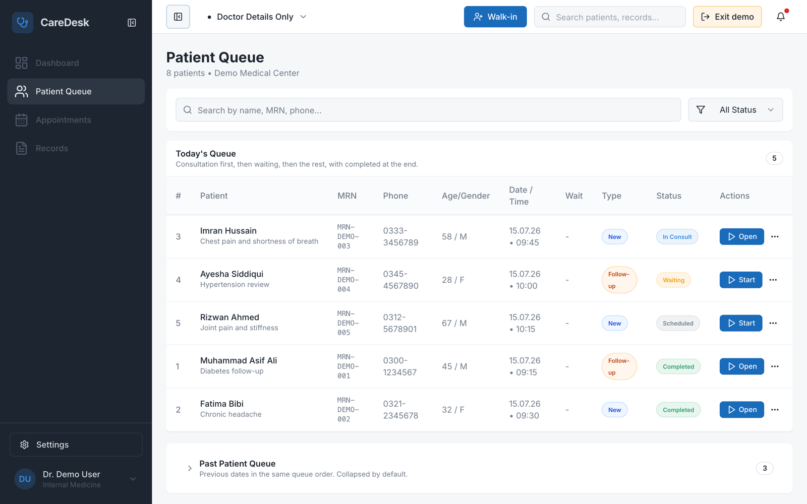 Patient Queue screen with walk-ins, statuses, and wait times